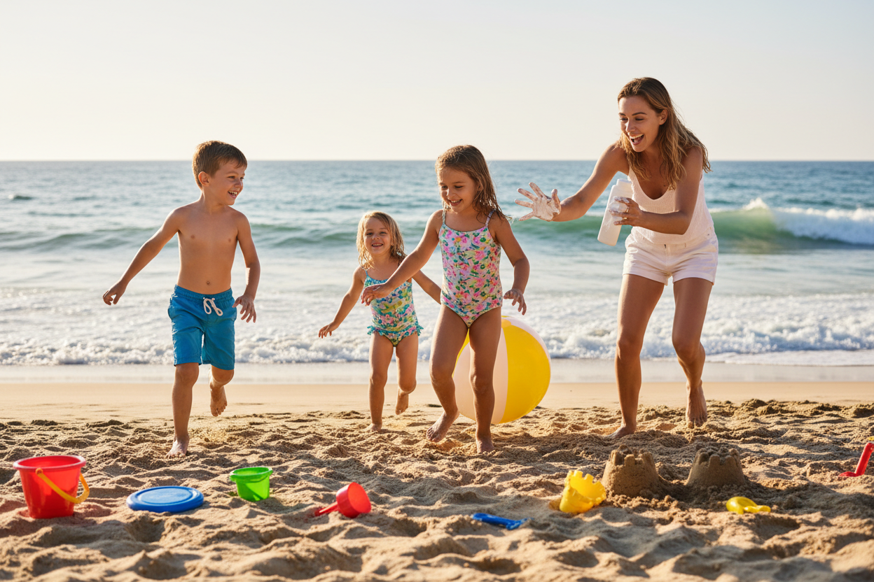 barn som leker på stranden och en mamma som jagar dem med solkräm och kladdiga händer 